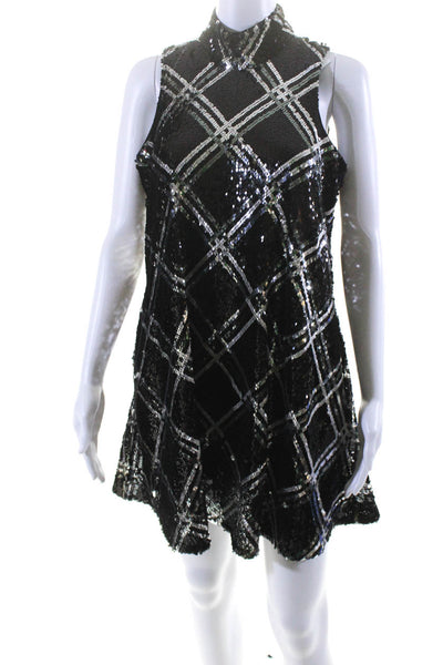 Toccin Womens Sequined Plaid Sleeveless Open Back Dress Black Silver Tone Size L