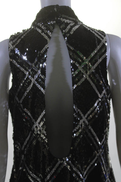 Toccin Womens Sequined Plaid Sleeveless Open Back Dress Black Silver Tone Size L