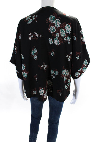 Pins and Needles Womens Floral Short Sleeve Open Front Kimono Black Size XS