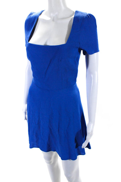 Flynn Skye Womens Square Neck Short Sleeve Zip Up Mini Dress Blue Size S