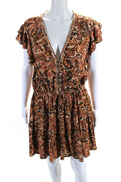 Olivaceous Womens Floral Print V-Neck Short Sleeve Mini Dress Orange Size L