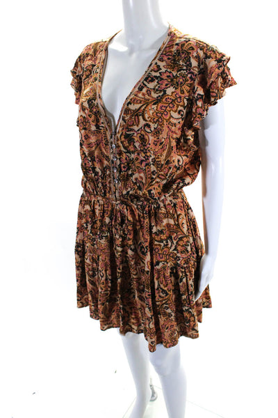 Olivaceous Womens Floral Print V-Neck Short Sleeve Mini Dress Orange Size L