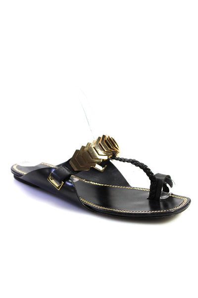 Rachel Zoe Womens Black Gold Tone Embellished T-Strap Flat Sandals Shoes Size 7