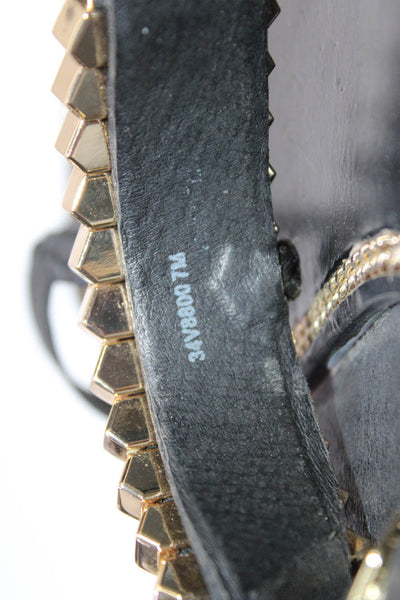 Rachel Zoe Womens Black Gold Tone Embellished T-Strap Flat Sandals Shoes Size 7