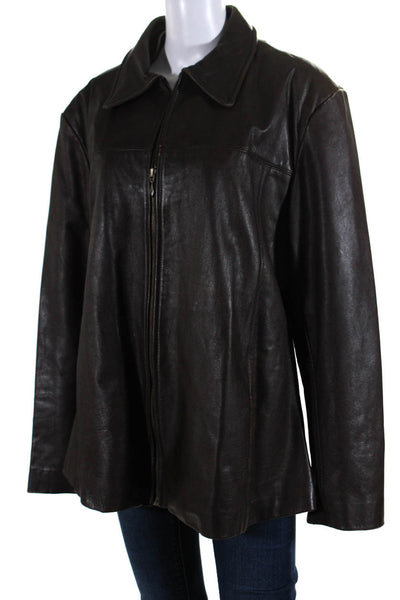 Echtes Leder Womens Brown Leather Collar Full Zip Long Sleeve Jacket Size 5XL