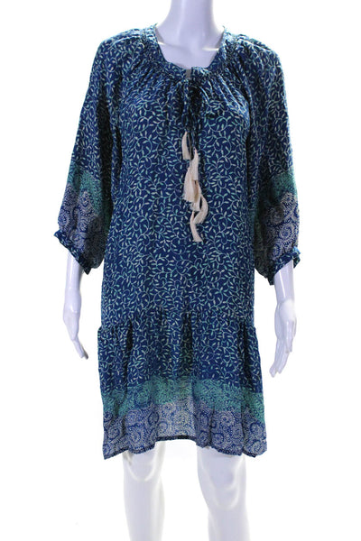 Natalie Martin Womens Silk Floral Tied Tassel Tiered Tunic Dress Blue Size L