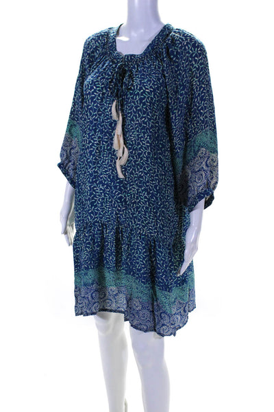 Natalie Martin Womens Silk Floral Tied Tassel Tiered Tunic Dress Blue Size L