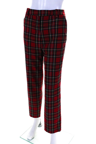 Trina Turk Womens Plaid Print Buttoned Hook & Eye Skinny Leg Pants Red Size 8