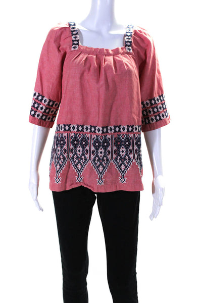 Calypso Womens Cotton Geometric Embroidered Short Sleeve Blouse Pink Size M