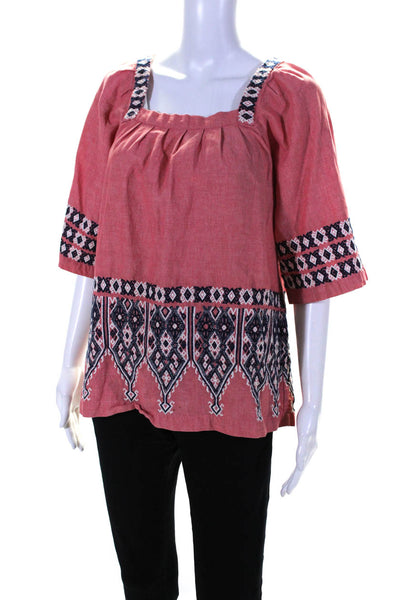 Calypso Womens Cotton Geometric Embroidered Short Sleeve Blouse Pink Size M