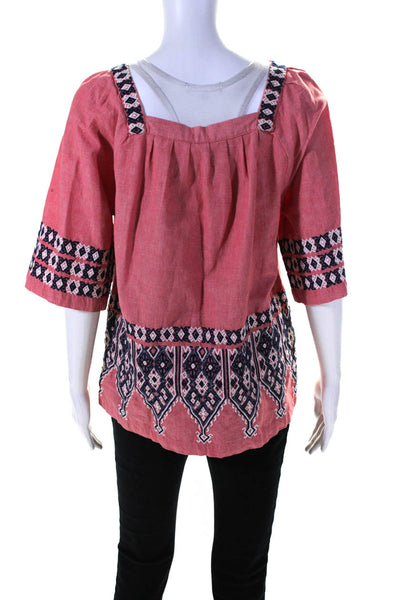 Calypso Womens Cotton Geometric Embroidered Short Sleeve Blouse Pink Size M