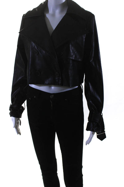 Toccin Womens Faux Leather Collared Double Breasted Cropped Jacket Black Size 4