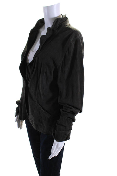 Jakett Women's Collared Long Sleeves Button Up Suede Leather Blazer Black Size L