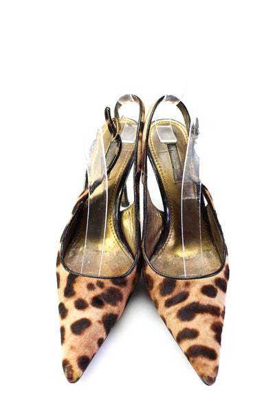 Dolce & Gabbana Womens Leopard Print Ponyhair Slingback Heels Brown Size 6.5