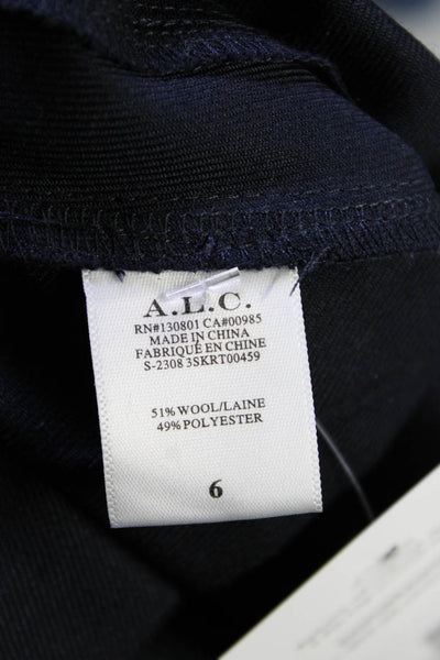 ALC Women's Wrap Pleated Buckle Asymmetrical Midi Skirt Navy Blue Size 6
