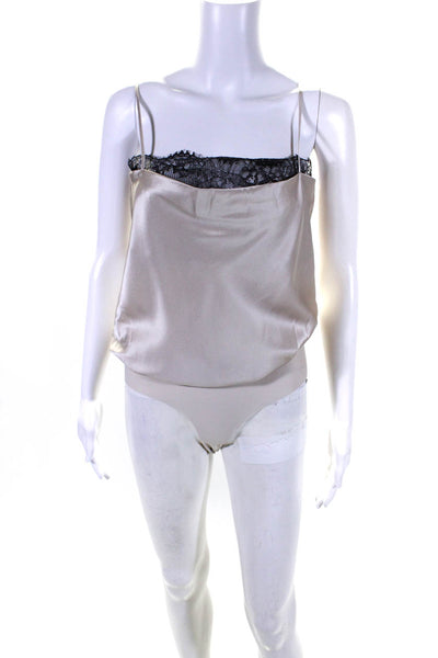 Cami Women's Square Neck Spaghetti Straps Lace Trim Bodysuit Beige Size S