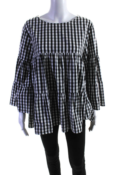 Laboratorio Womens 3/4 Sleeve Scoop Neck Gingham Top Black White Gray Size Large