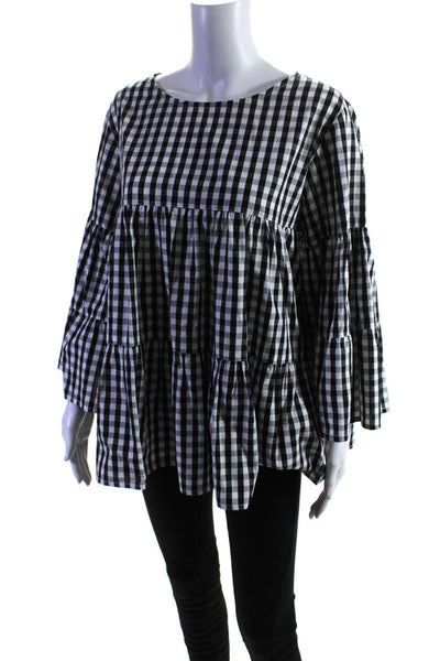 Laboratorio Womens 3/4 Sleeve Scoop Neck Gingham Top Black White Gray Size Large