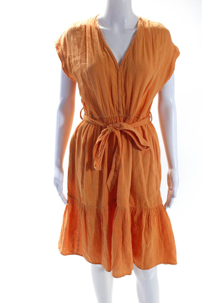 Xirena Womens Orange Cotton Textured V-Neck Sleeveless Belt Tiered Dress Size S