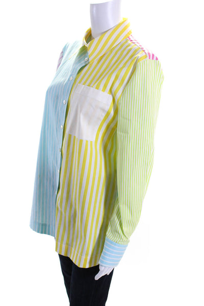 Staud Womens Color Block Stripe Button Up Shirt Blouse Pink Blue Green Small