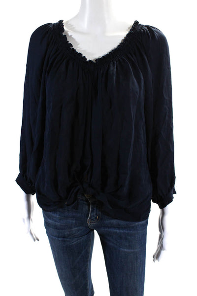 Nicole Miller Womens Silk Ruched Long Sleeve Pullover Blouse Top Navy Size P