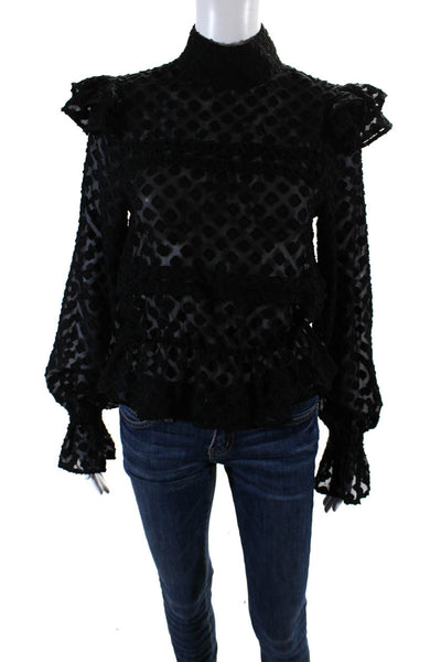 Senlis Womens Black Textured High Neck Ruffle Long Sleeve Blouse Top Size S