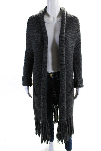 Raquel Allegra Womens Gray Alpaca Fringe Open Front Cardigan Sweater Top Size 0