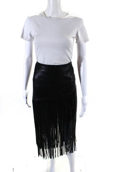 Intermix Womens Black Leather Fringe Detail Midi A-Line Skirt Size S