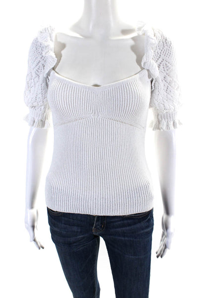 Intermix Womens Knit Puff Sleeve Ruffle Trim Sweetheart Blouse White Size P