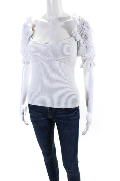 Intermix Womens Knit Puff Sleeve Ruffle Trim Sweetheart Blouse White Size P