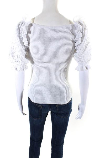 Intermix Womens Knit Puff Sleeve Ruffle Trim Sweetheart Blouse White Size P