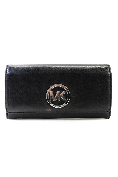 Michael Kors Womens Leather Snap Closure Card Envelope Wallet Black Silver Tone