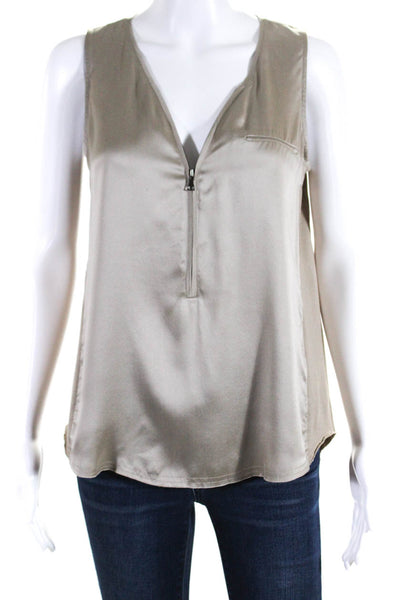 Go Silk Womens Taupe Silk V-Neck Zip Front Sleeveless Blouse Top Size S