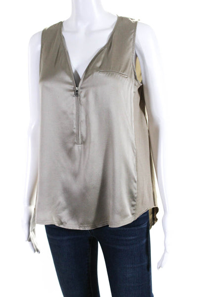 Go Silk Womens Taupe Silk V-Neck Zip Front Sleeveless Blouse Top Size S