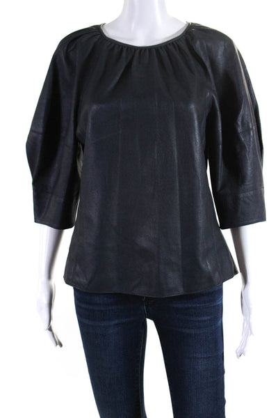 Rebecca Taylor Womens Solid Black Vegan Leather Short Sleeve Blouse Top Size 6