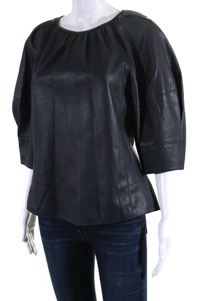 Rebecca Taylor Womens Solid Black Vegan Leather Short Sleeve Blouse Top Size 6