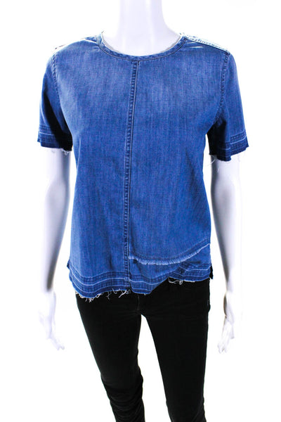 AG Adriano Goldschmied Womens Denim Frayed Hem Short Sleeved Blouse Blue Size XS