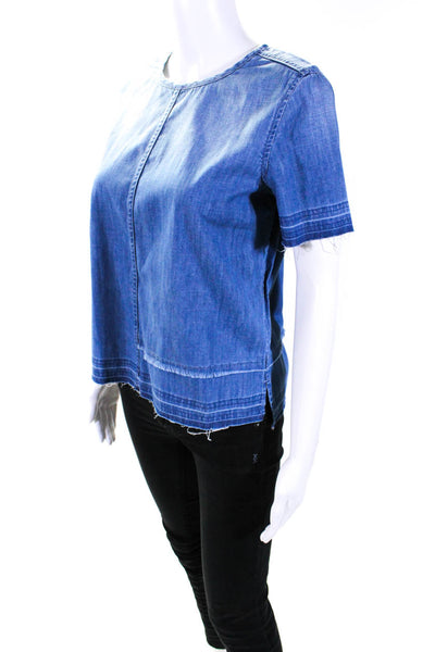 AG Adriano Goldschmied Womens Denim Frayed Hem Short Sleeved Blouse Blue Size XS