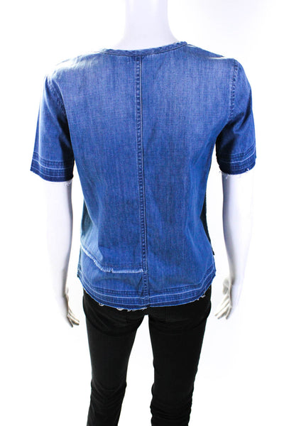 AG Adriano Goldschmied Womens Denim Frayed Hem Short Sleeved Blouse Blue Size XS