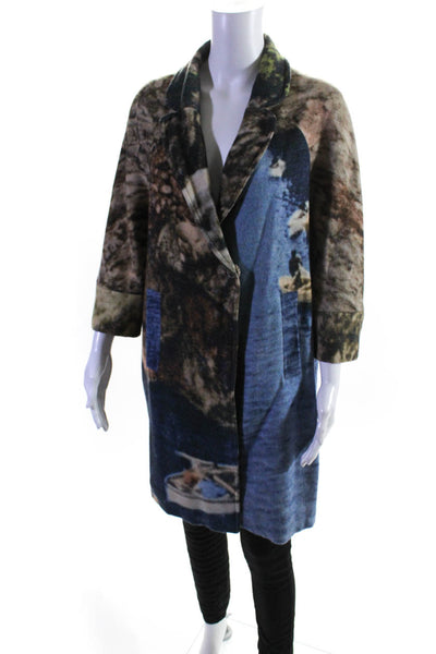 Laboratorio Womens One Button Notched Lapel Abstract Coat Blue Brown Wool Large