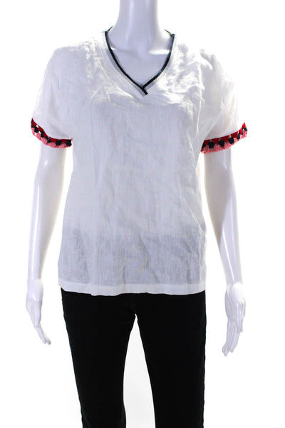 Vilagallo Womens Linen Short Sleeves V Neck Blouse White Size Small
