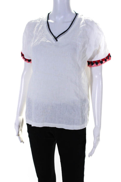 Vilagallo Womens Linen Short Sleeves V Neck Blouse White Size Small