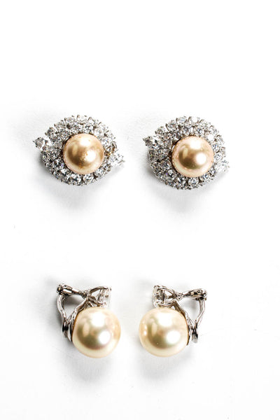 Designer Womens Vintage Silver Tone Crystal Faux Pearl Clip On Earrings Lot 2