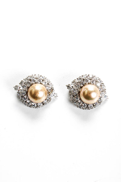 Designer Womens Vintage Silver Tone Crystal Faux Pearl Clip On Earrings Lot 2