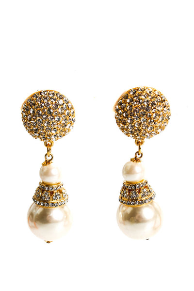 Heidi Daus Womens Vintage Gold Tone Crystal Faux Pearl Clip On Earrings 2.5"