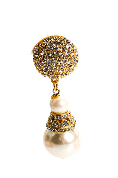 Heidi Daus Womens Vintage Gold Tone Crystal Faux Pearl Clip On Earrings 2.5"