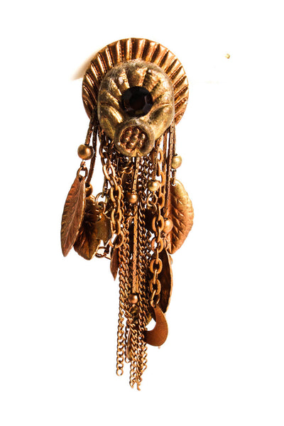 Designer Womens Vintage Brass Tone Fairy Leaf Sun Chain Dangle Clip On Earrings