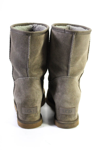 Ugg Womens Suede Shealing Lined Mid Calf Wedge Boots Taupe Size 9