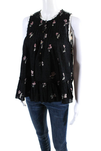 Ulla Johnson Womens Cotton Floral Pleated Sleeveless Ruffle Blouse Black Size 2