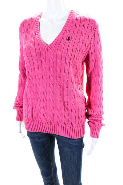 Ralph Lauren Sport Womens Cable Knit V Neck Sweater Pink Cotton Size XL
